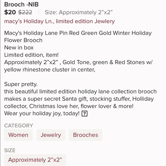 Red, green & gold winter holiday flower brooch - Picture 5 of 5